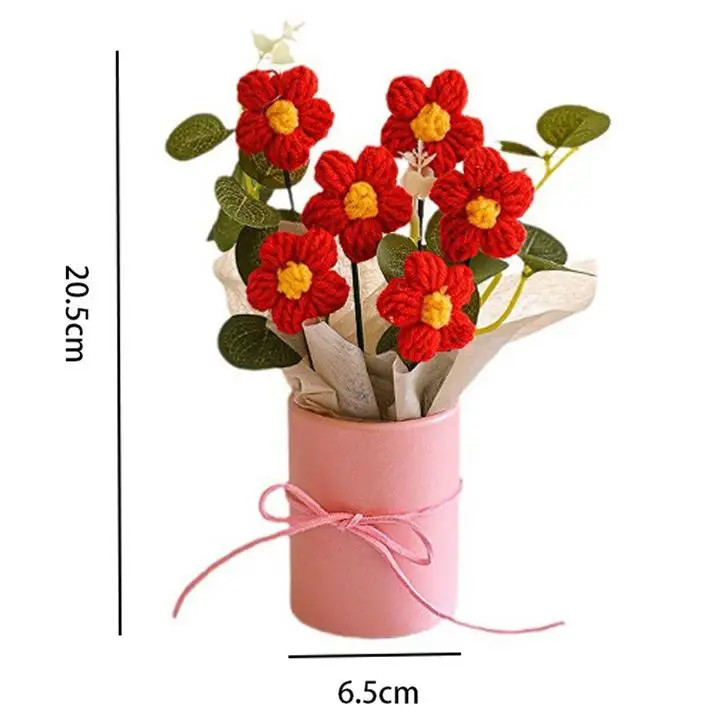 Valentines Day Gift Handmade DIY Knitted Woolen Flower Bouquet Crochet Mini Flower Bouquet Gift For Mom Women Girls