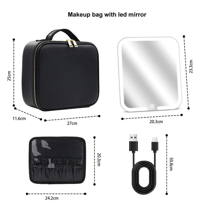 Portable make up bag Adjustable Dividers Light-Up Mirror Cosmetic Bag Travel makeup bag with led mirror for Toiletries Brushes