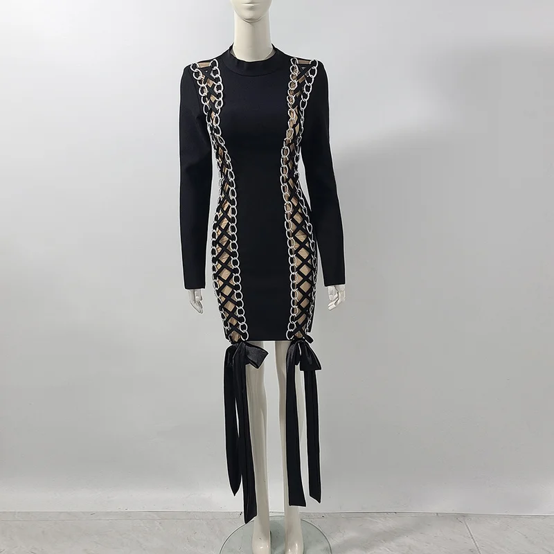 C3671 New Arrival Boutique Women Dress Long Sleeve Wrap Hip Lace Up Patchwork Long Sleeve Sexy Bandage Women mini Dresses