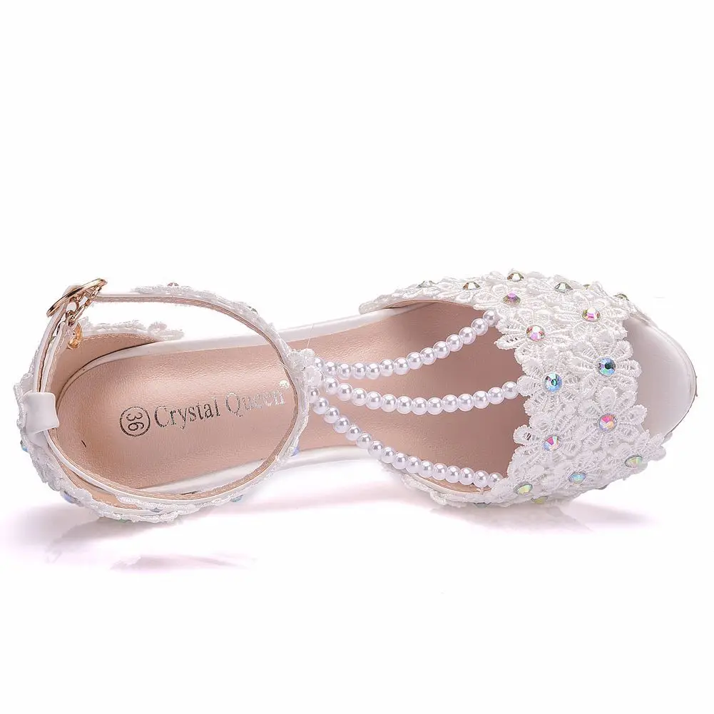 Ladies Heels White Wedding for Bride Shoes With Flower Lace Weddings Sandals Women
