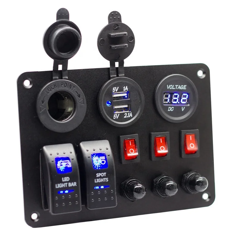 2 Gang Rocker Switch Panel with 3.1A USB Charger Voltmeter 12V-24V DC Rocker Switch 15A circuit breaker button switch
