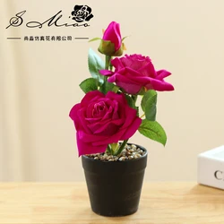 Artificial three-headed flannelette rose and black plastic pot bonsai home decor