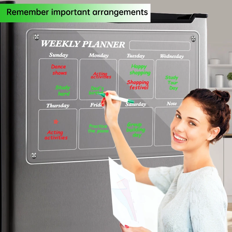 Factory direct advertising wall panel family essential weekly acrylic dry erase writing board with pen strap accessories