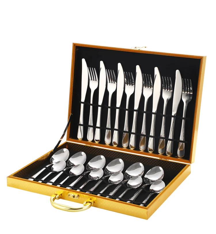 Wholesale Restaurant Silverware Spoon Colors Packaging Flatware Set 24pcs Gold Plated Stainless Steel Cutlery With Box