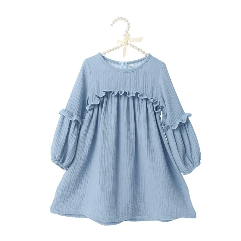 2024 Wholesale long sleeve solid linen children frocks designs girls kids dresses