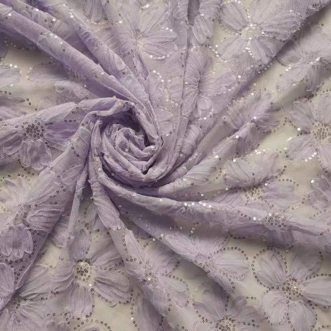 Hot selling multi-color mesh 3 d sunflower hook embroidery sequin wedding dress fabric MF116