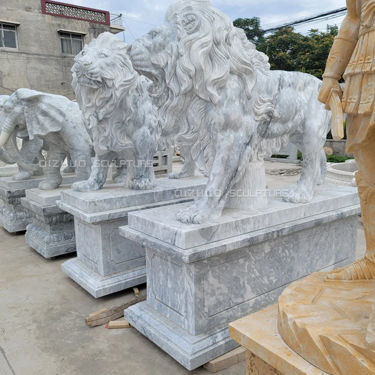 Large Size Outdoor Hand Carving Animal White Marble Sitting Lion Stone Statue Sculpture for Entrance