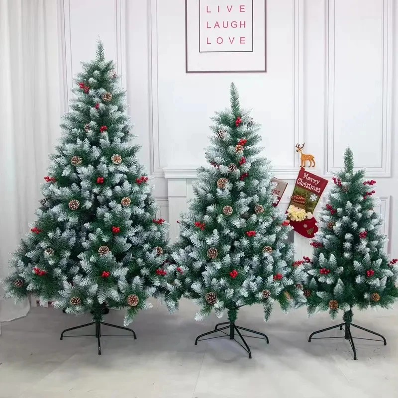 2024 Xmas Tree High Quality Green 150 cm PE/iron/plastic mixed sticky white Christmas tree with an encrypted red cone