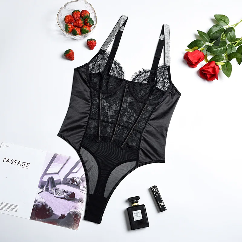 2022 New Quality Elastic Sexy Black Halter Lace Backless Trim Garter Belts Lingerie Bodysuits For Women