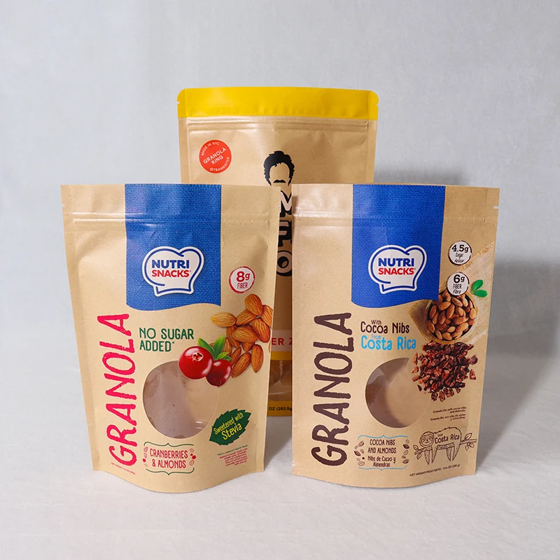 Custom Private Labels Free Sample Eco Friendly Brown Kraft Paper Stand Up Pouch Bags With Clear/Matte Window For Tea Nuts Coffee