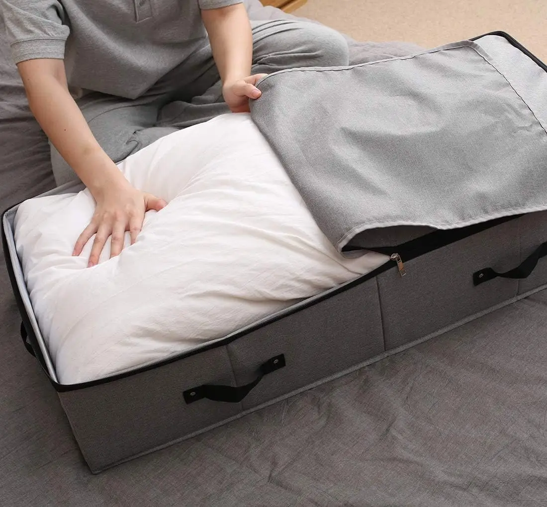 Large Sturdy Underbed Storage Box with Zip Lid Handles on Rigid Sturdy Plastic Board Inside Foldable Blanket Clothing Organizer