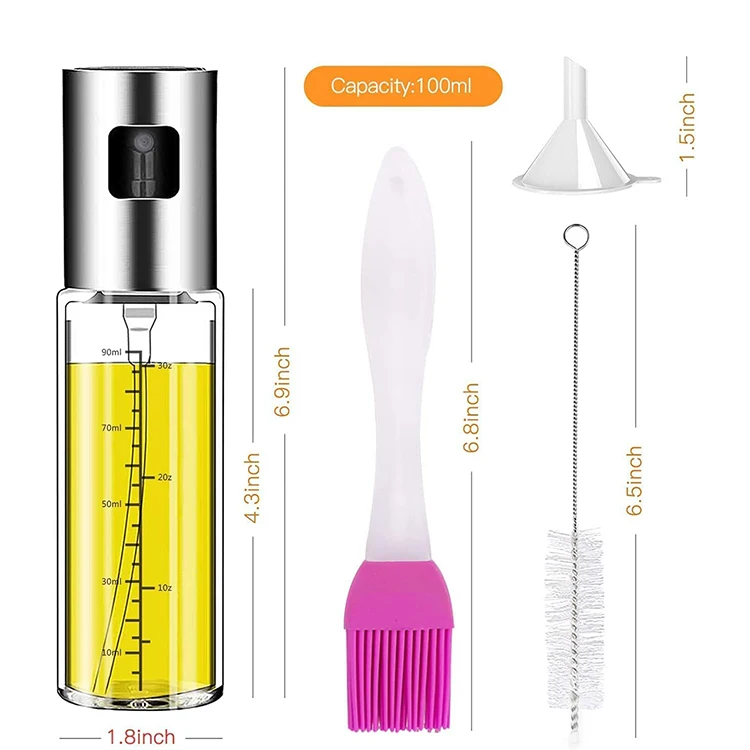 Olive oil sprayer with 100 ml food grade stainless steel and high white glass bottle body