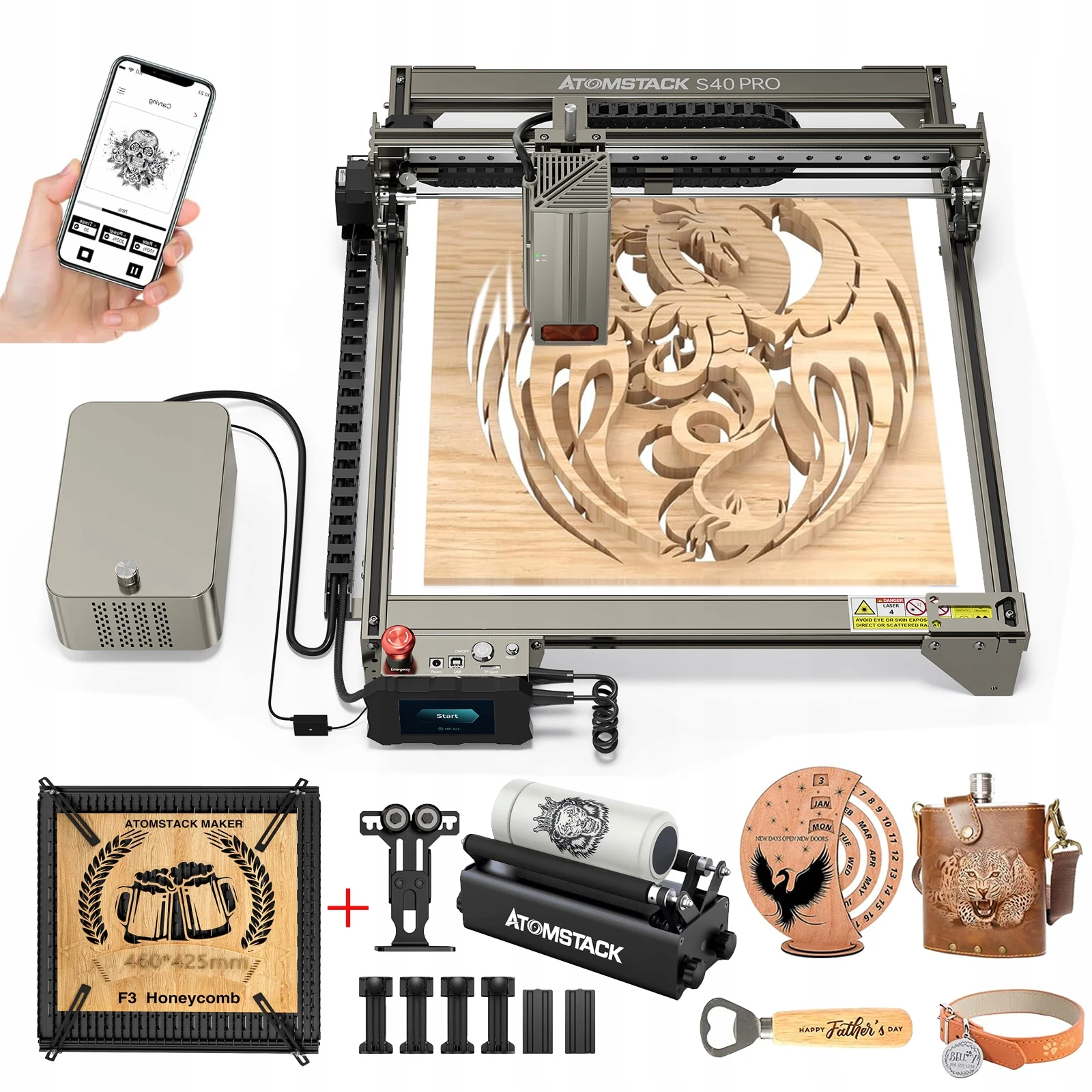 ATOMSTACK S40 A40 X40 Pro 210W Laser Engraving Machine With R3 PRO Rotary Roller and F3 Cut Plate For Carving Round Cylinder