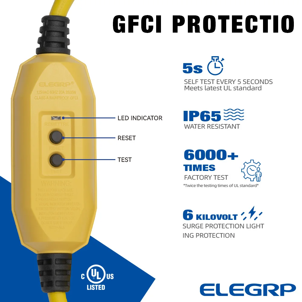 3 Foot In-line Style Self-Test Auto Reset Portable GFCI  Extension Cord 3 Prong Plug with 3-Outlet