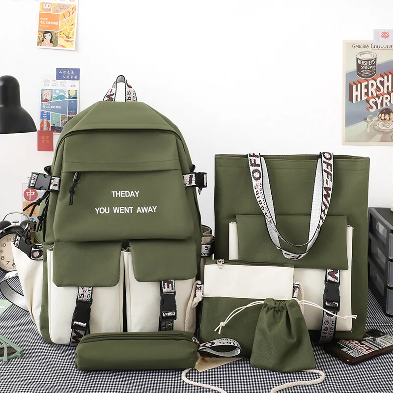 5pc/set Korean School Backpack for Teenager Girls Multi Pocket Students Schoolbag Canvas Women Shoulder Book Bag Laptop Rucksack