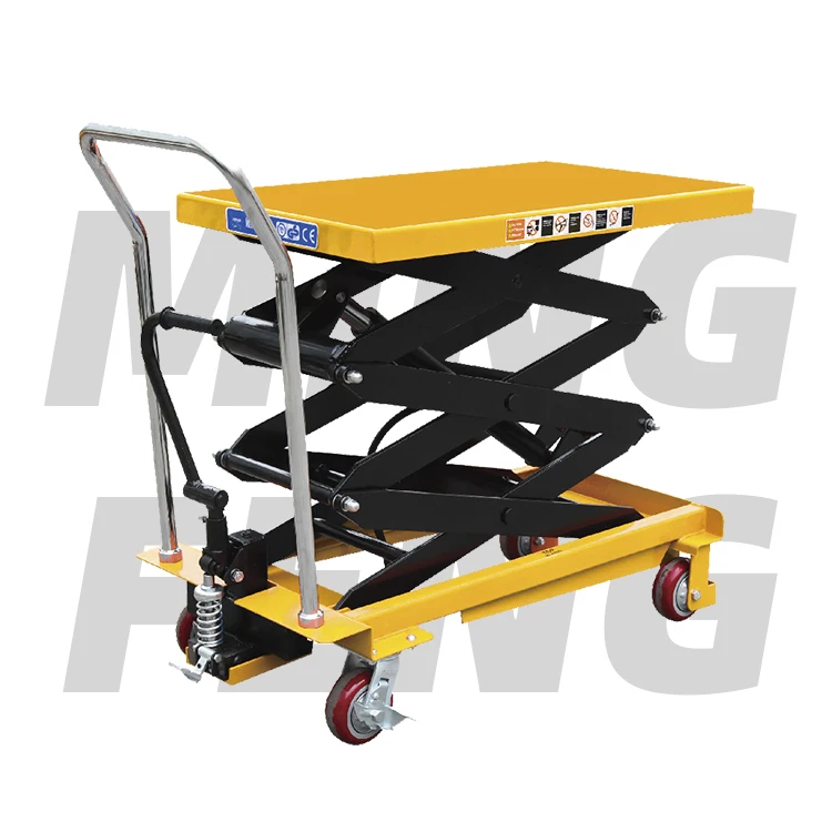 mingfeng high quality Manual hand Hydraulic mobile Lift Table cart Double Scissor 500kg for factory Workshop