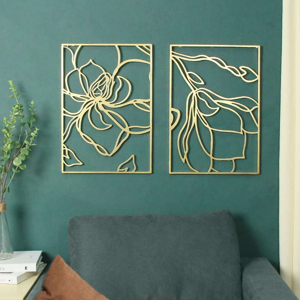 Putuo Decor Gold Flower Metal Wall Art Modern Minimalist Line Design Abstract Hanging Real Metal Wall Sculpture Accent
