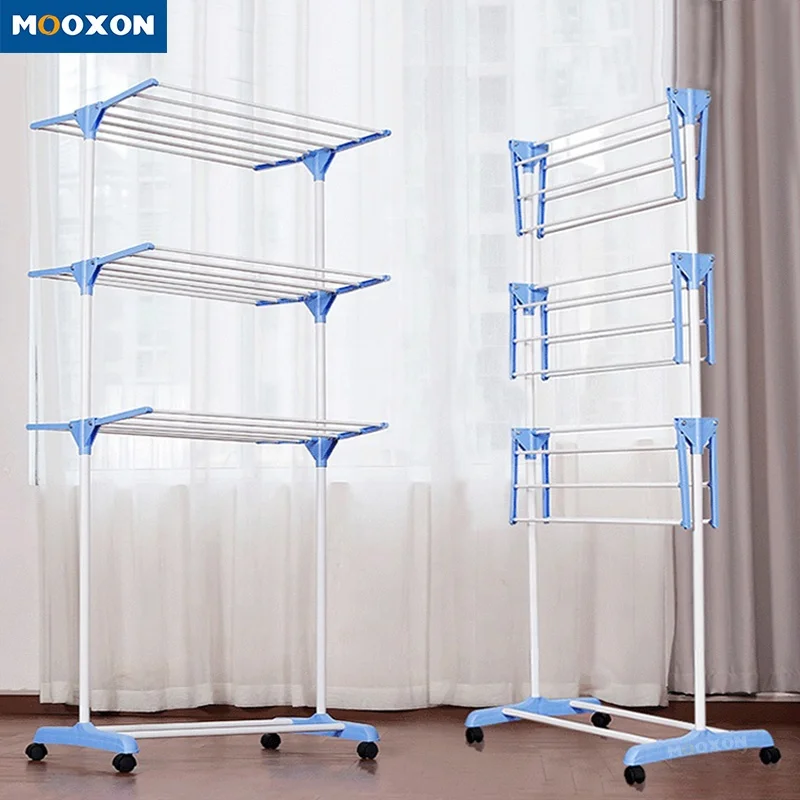 Laundry 3 Tier Foldable Multipurpose Coat Cloth Hat Racks Organizer Hanging Clothes Hanger Clothing Display Drying Cloth Rack
