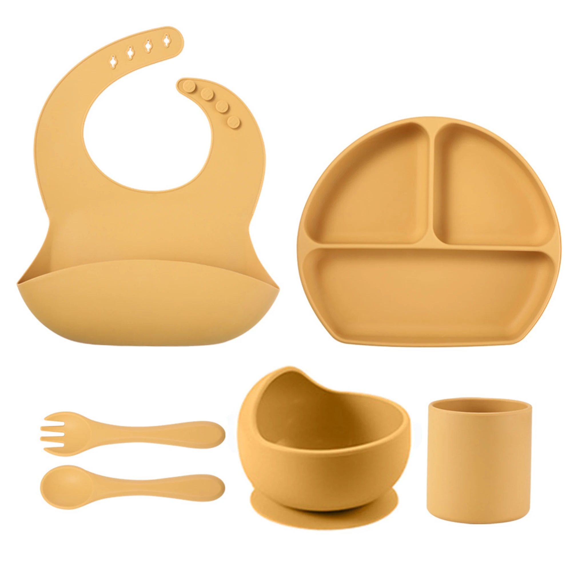 100% Food Grade Silicone Tableware Set Baby Feeding Set With  Spoon Bib Suction Plate Bowl Cup