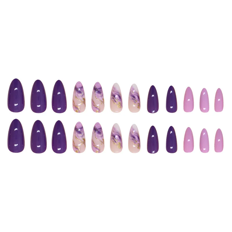 Wholesale Price Luxury Almond Purple Gold Lines Press On Nails 24 Piece False Artificial Fingernail Private Label Fake Nails
