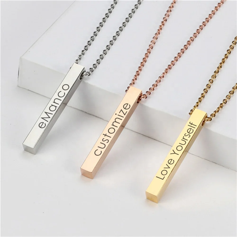 Laser Engravable Personalized Square Bar Chain Custom Four Sides Name Strip Stainless Steel Penda Necklace