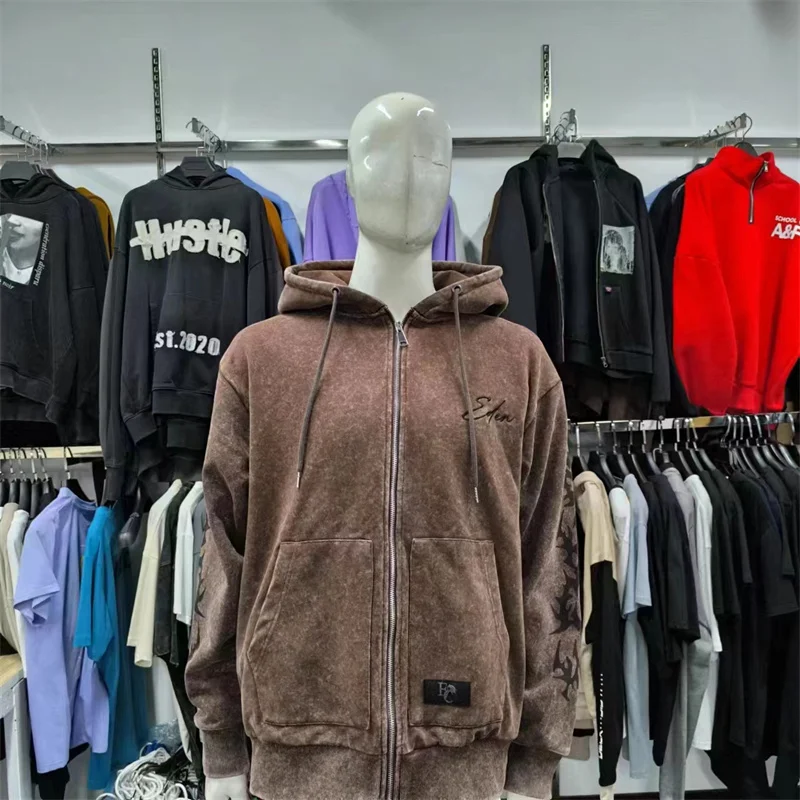 Custom DTG Print Men Hoodie Sweatshirt Heavyweight Terry Cotton Zip Up Hoodie Double Layer Acid Wash Hoodies