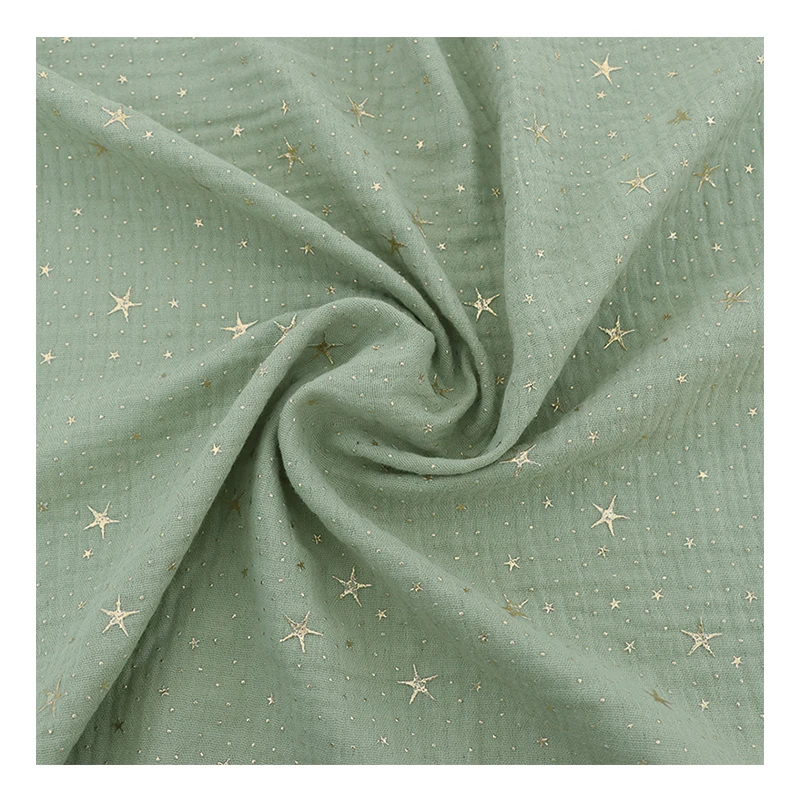 Custom Yellow Gold Sliver DIY 100% Cotton Double Gauze 3D Rubber Foil star Print Muslin Fabric for Baby