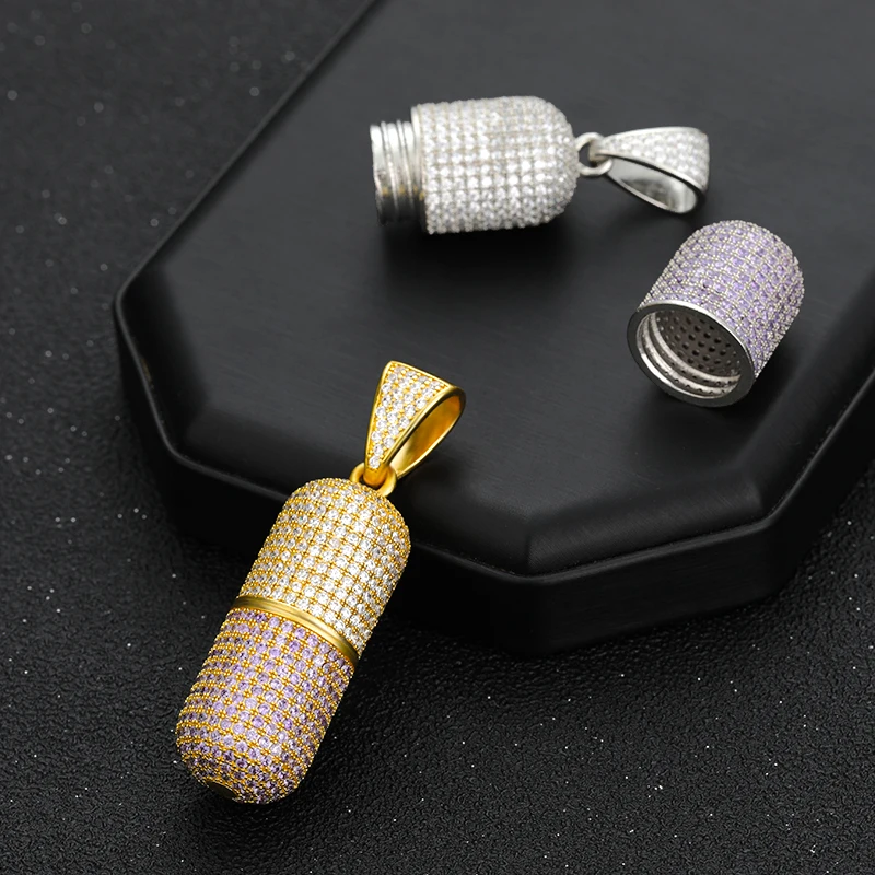 DUYIZHAO Hip Hop Pendant with 3mm Stainless Steel Rope Chain  Gold Plated Micro Pave CZ 3D Pill Capsule Removable Pendant