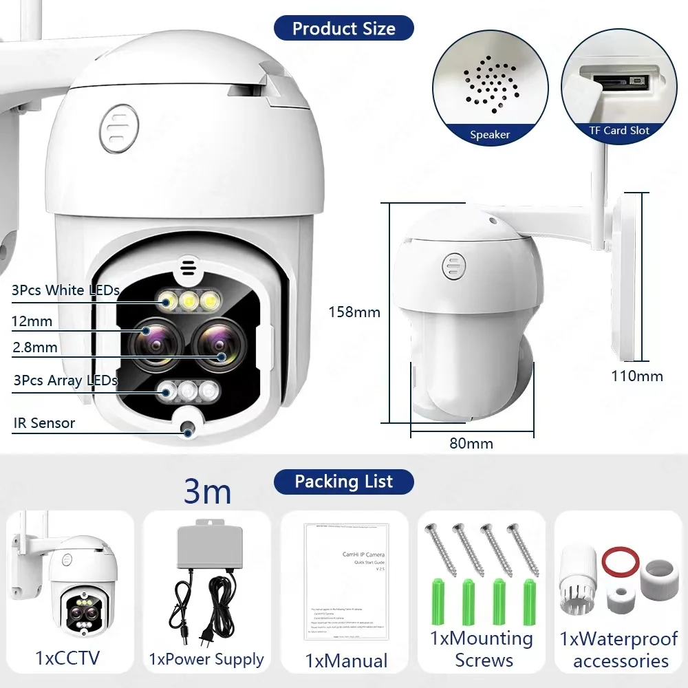 4MP Ptz With Auto Tracking 8X Zoom Dual Lens Ip Security Wifi Outdoor Surveillance Camera HD IP Video Surveillance Camera