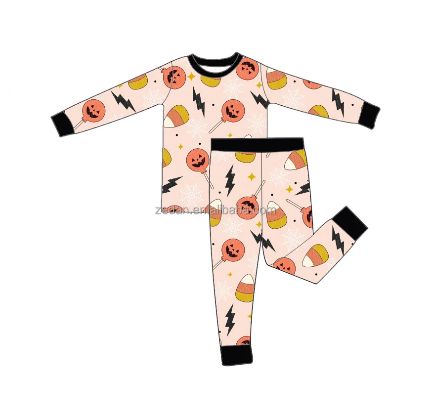 Halloween Bamboo 2 Piece Pajamas Checkers Kids Long Sleeve Spooky Bats Jammies Bamboo Pyjama Pants Set
