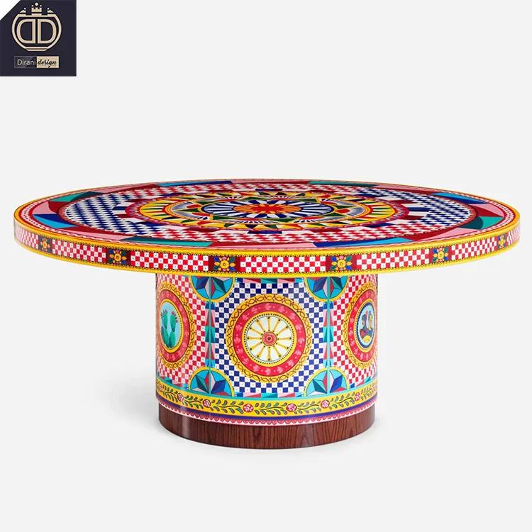 high quality wood Mediterranean modern luxury round dinner table red colorful Arabic large round dinner table set for 6 8 chair