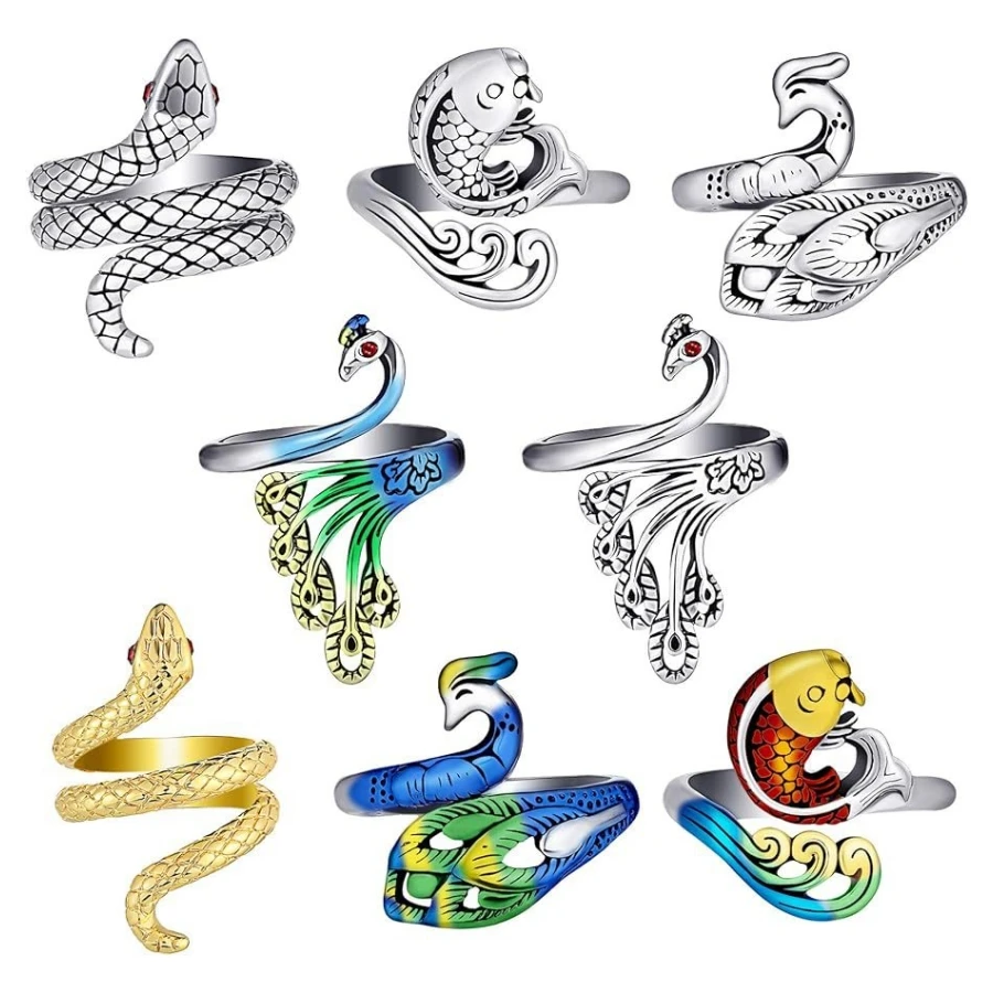Cross Border Hot Sale Adjustable Rings Vintage Enamel Peacock Punk Ring Personality 8pcs Snake Ring Set for Men Women