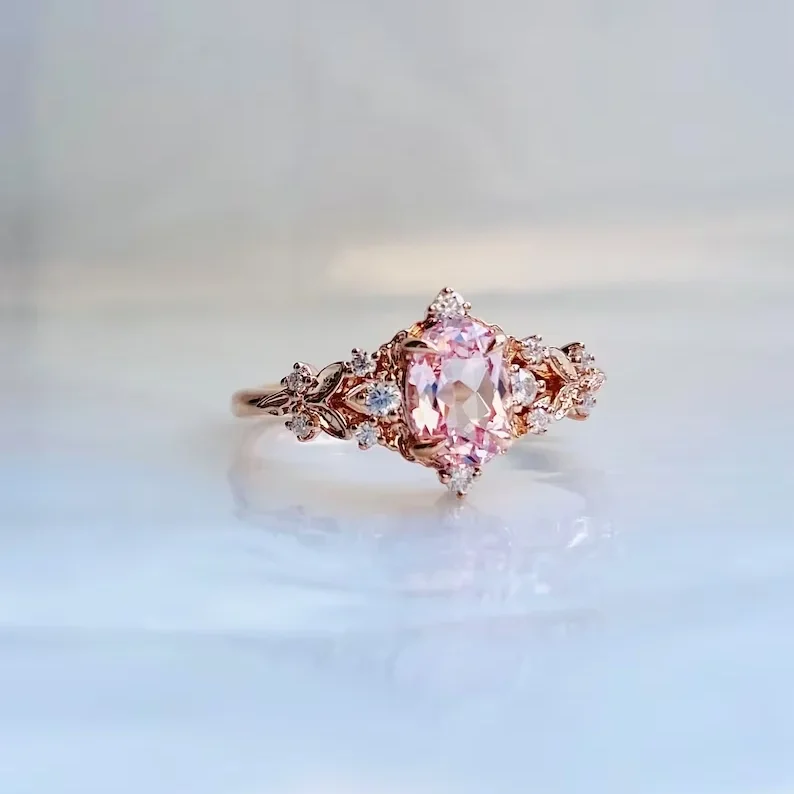 Hailer Jewelry Luxury Vintage 18k Rose Gold Ring 5ct Pink Oval Sapphire Engagement Ring For Women