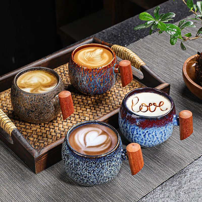 Wholesale Custom Logo Wide Coffee And Mug Gift Set Porcelain Reusable Ceramic Cup With Wooden Handle