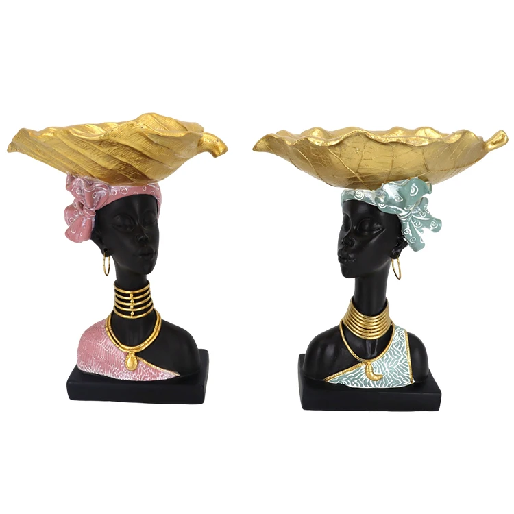 Factory Wholesale Black African Woman Statue Lady Head Figurine Candle Holder Fruit Candy Plate Resin Craft Gift