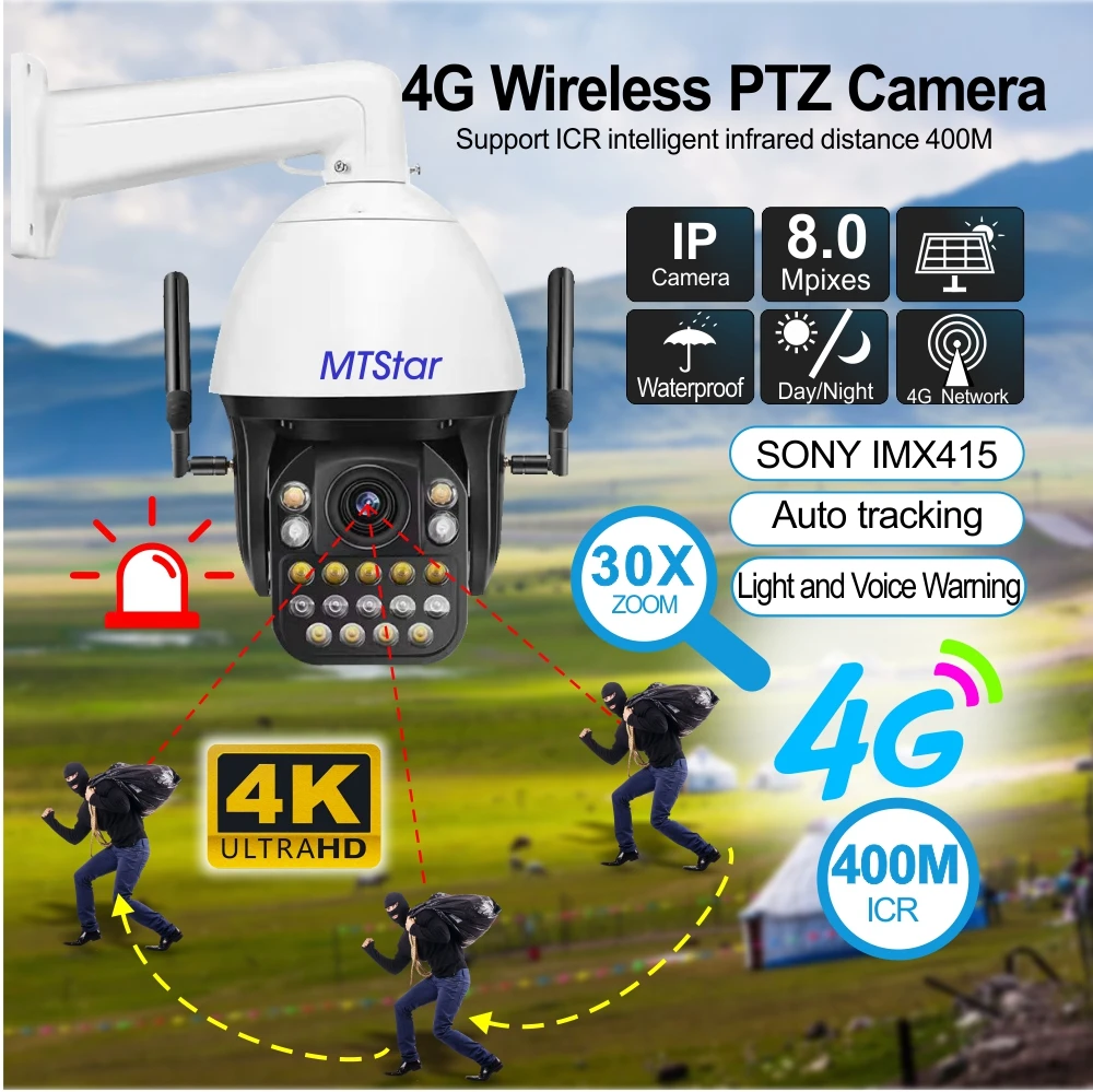 UHD 4k 8MP 4G sim-беспроводной доступ в Интернет PTZ камера безопасности видеонаблюдения 30x зум H.265 Ptz IP Поддержка ICR fulcolor инфракрасной подсветкой для съемки темноте и максимальным разрешением 400