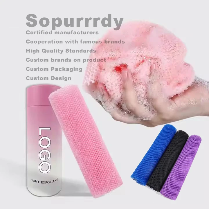 Custom Logo Exfoliating Towel Washcloth Nylon Bath Sponge Korean Loofah Mesh Puffs Large Wash Cloth Body Scrub Exfoliator