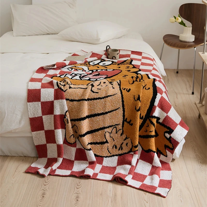 DDL Cartoon Dragon Pattern 100% Polyester Checkboard Knitted Throw Microfiber Blanket Fluffy Soft