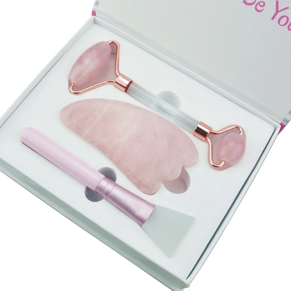 Wholesale 100% Real Green Jade GUA SHA  Roller  Best Seller Natural Quartz & Jade Facial Roller Stone gua sha Massage Tool Set