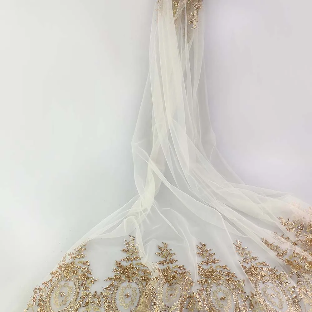 In stock gold glitter printing blingbling glitter nylon mesh fabric for wedding party  dress