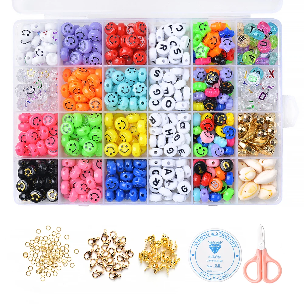 Amazon 24 Slots 600 Pcs Mixed Flat Round Smile Face Beads Acrylic Letter Beads Box Set  For Jewelry Making Alphabet