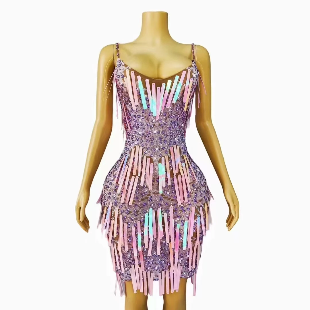 Sparkly Rhinestones Tassel Leotard Adults Fashion Stage Costume Elastic Skinny Sleeveless Fringes Birthday Party Dress Dance