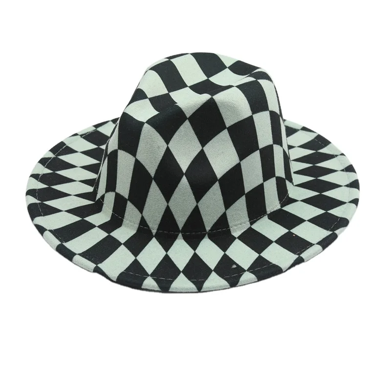 New check print Buckle Wool Felt Fedora Hat Winter Fashion Dress Panama Hat