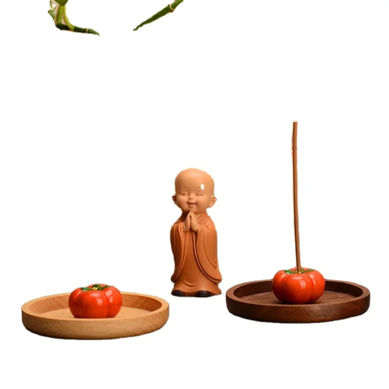 Antique Style Ceramic Persimmons Incense Burner Holder Wooden Plate Ash Catcher Beech Buddhism Home Decor Supplies Carved Model