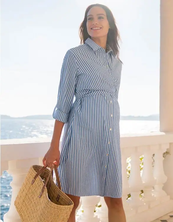 Trendy Button-Down Shirt Design Nursing Mother Dress Loose Front Tie Elasticized Empire Maternity Nursing Shirt Dress