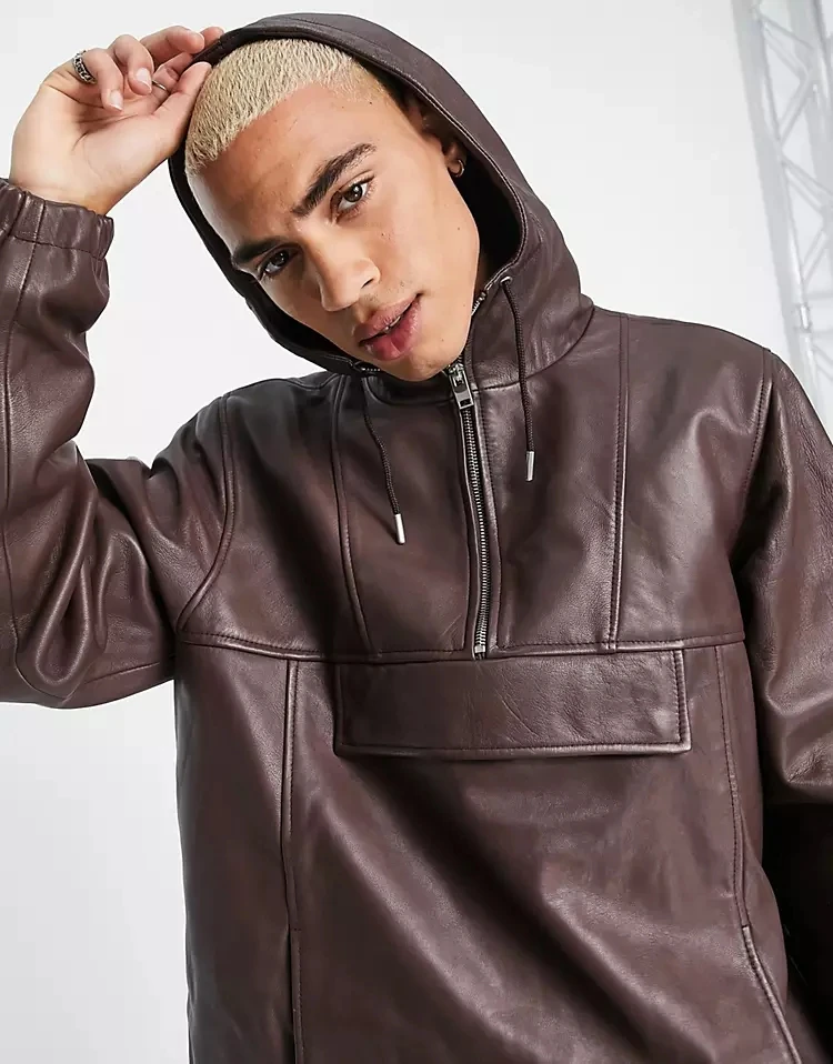 OEM custom logo brown half zipper PU synthetic leather elastic sleeve waterproof windproof trended 80 GSM hoodie for man