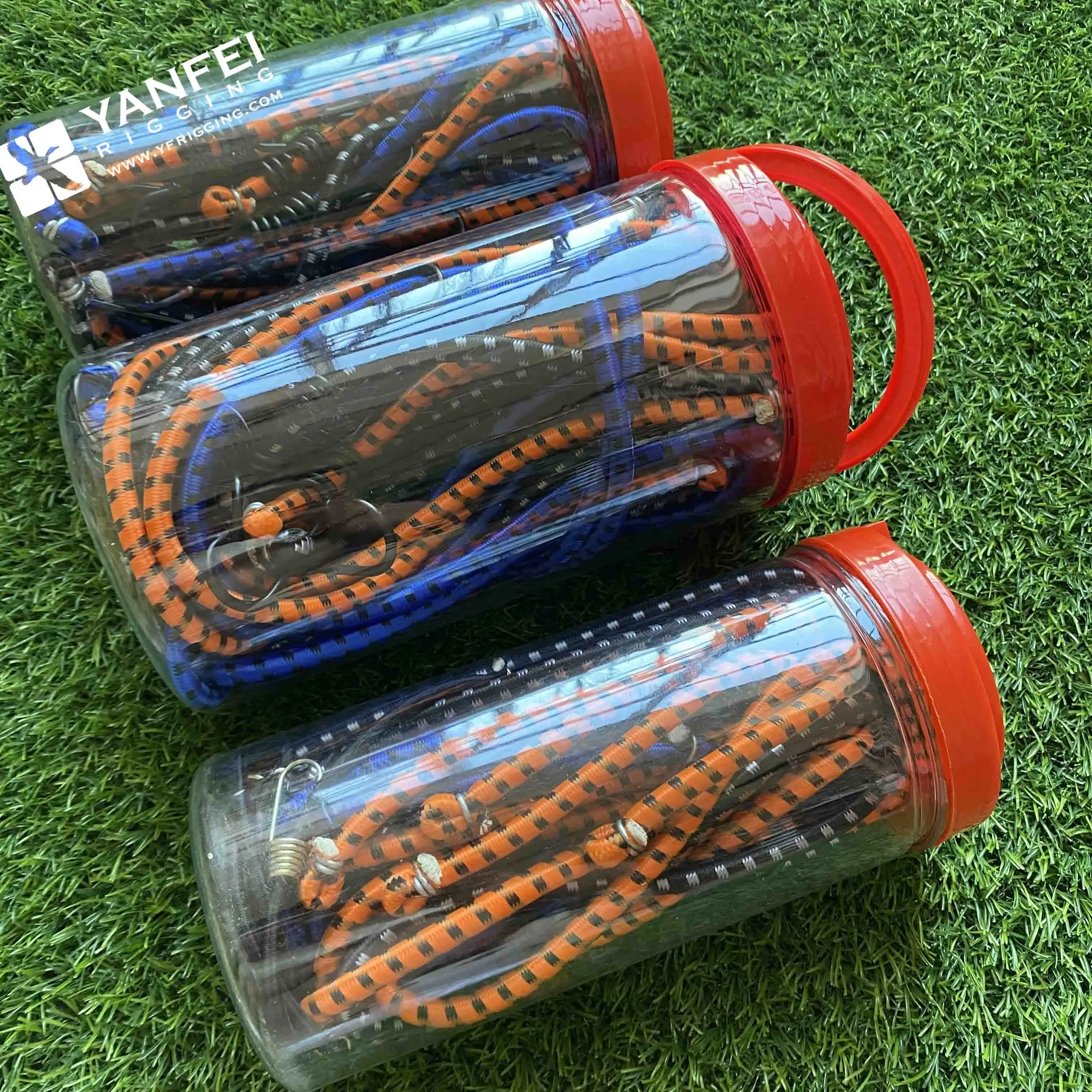 elastic bungees with steel hooks.