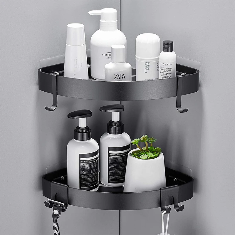 Square Bathroom Corner Shelf No Drilling Wall Mounted Aluminum Shower Caddy Storage Rack With Hooks