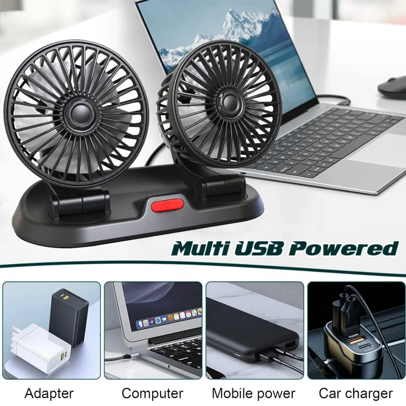 Car Fan Dual Head USB Fan  Portable Vehicle Cooling Fan 360 Rotation for Car Dashboard, SUV/RV/Truck/Sedan/Office USB Powered