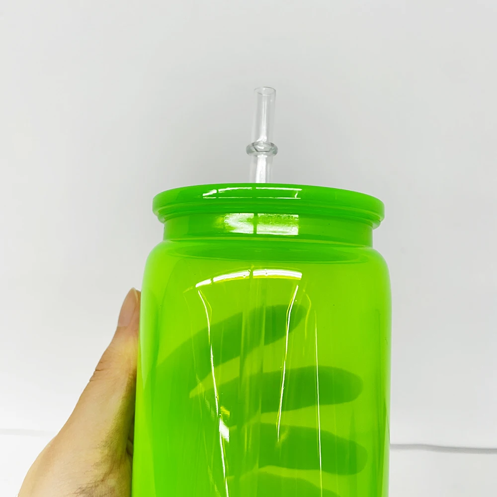 US warehouse Unbreakable clear transparent neon cold drink beer mug 16oz plastic acrylic can with straw for UV DTF transfer wrap